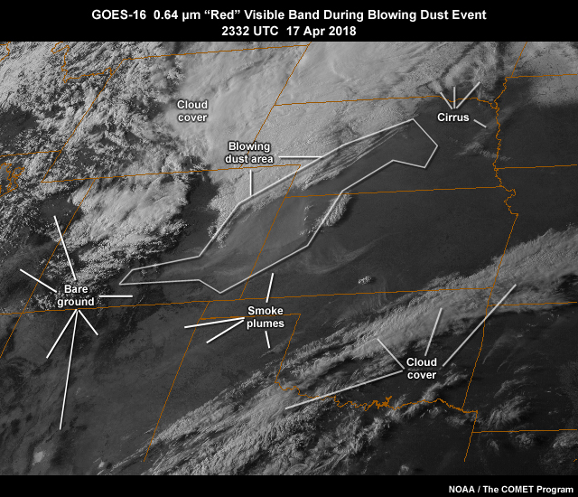 GOES-16 ABI 0.64 micrometer "red" visible band image showing blowing dust event over the U.S. High Plains associated with a developing springtime cyclone over the Central Rocky Mountain region on April 17, 2018