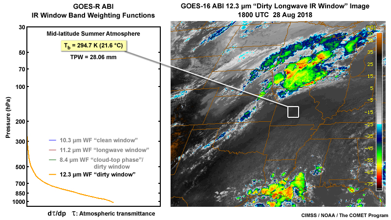 2-panel of an ABI 12.3 micrometer weighting function and a GOES-16 ABI 12.3 micrometer dirty longwave IR window band image over the central U.S. on August 28, 2018
