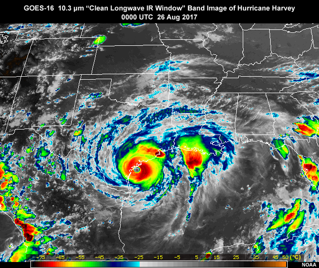 GOES-16 ABI 10.3 micrometer clean longwave IR window band image over the U.S. Gulf Coast region showing hurricane Harvey on August 26, 2017
