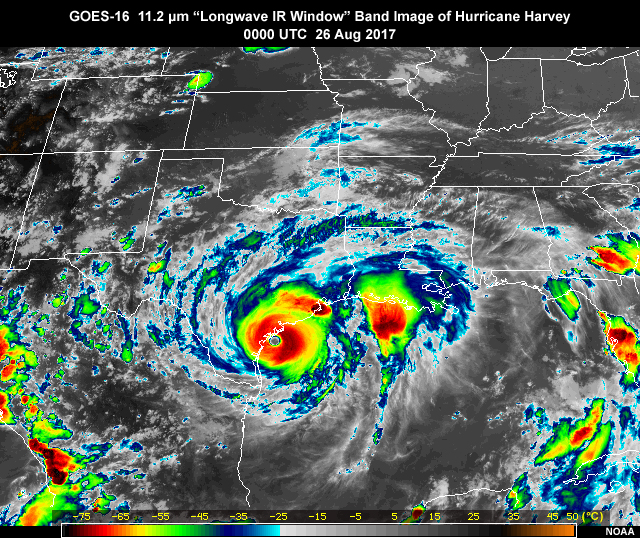 GOES-16 ABI 11.2 micrometer clean longwave IR window band image over the U.S. Gulf Coast region showing hurricane Harvey on August 26, 2017