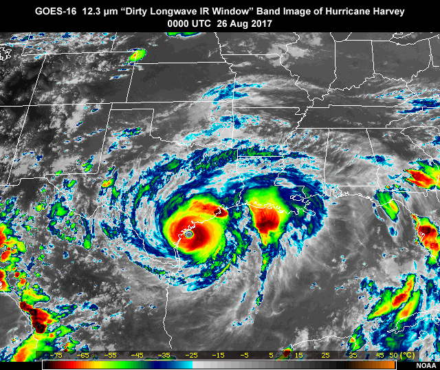 GOES-16 ABI 12.3 micrometer clean longwave IR window band image over the U.S. Gulf Coast region showing hurricane Harvey on August 26, 2017