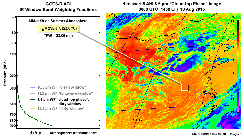 2-panel of an ABI 8.4 micrometer weighting function and a Himawari-8 AHI 8.4 micrometer Cloud-top Phase IR band image over East Asia region on August 30, 2015
