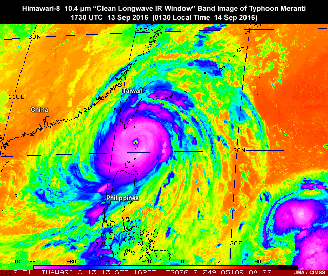 Himawari-8 AHI 10.4 micrometer clean longwave IR window band image over East Asia region of typhoon Meranti on September 13, 2016