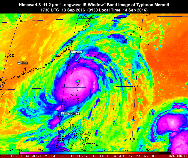 Himawari-8 AHI 11.2 micrometer longwave IR window band image over East Asia region of typhoon Meranti on September 13, 2016