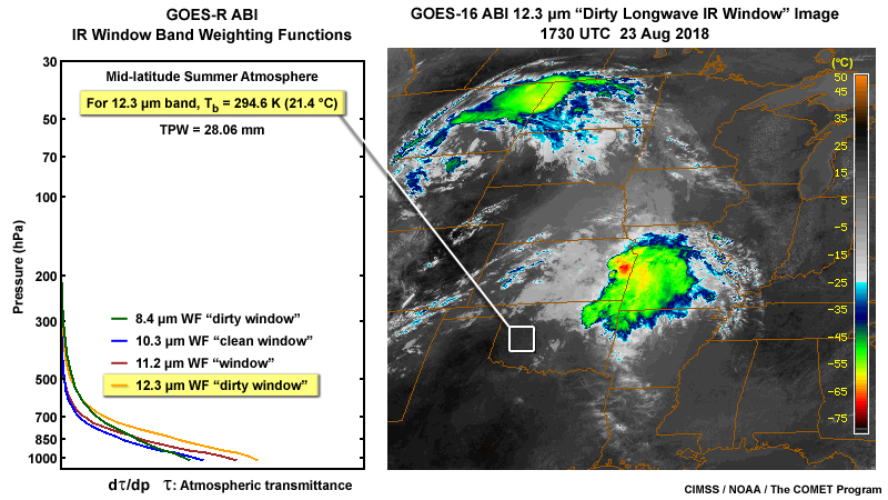 2-panel showing plot of a GOES-R ABI 12.3 dirty longwave infrared window band weighting function for typical mid-latitude summertime midday conditions and a corresponding GOES-16 ABI 12.3 micrometer band image for August 23, 2018