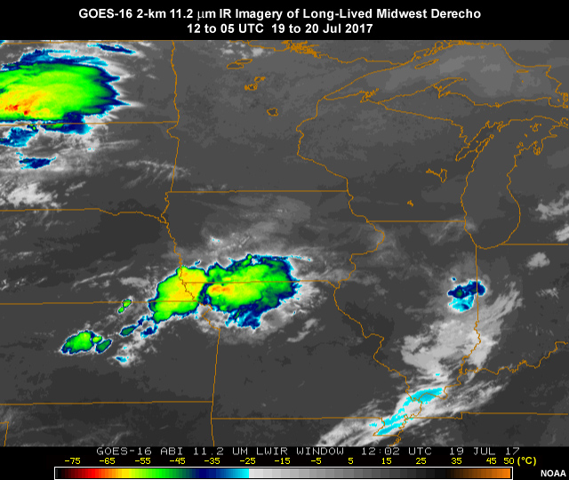 GOES-16 ABI 11.2 micrometer longwave infrared window band animation showing a long-lived MCS derecho moving across the Upper Midwest on 19 to 20 July, 2017
