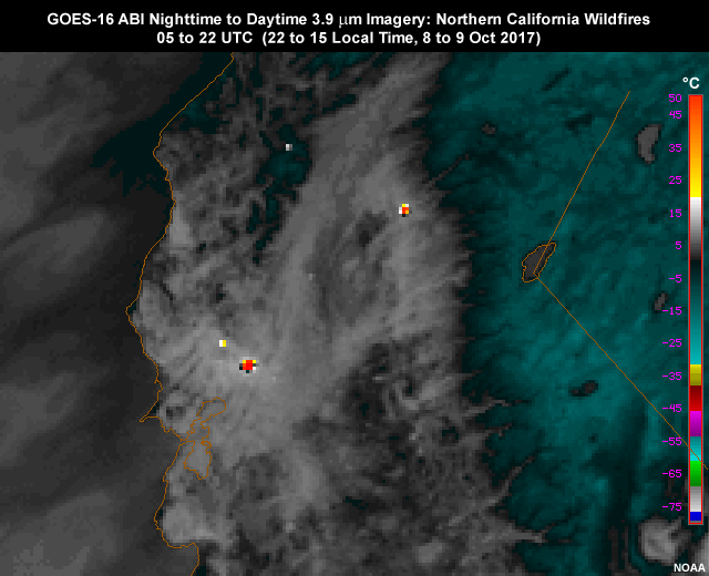 GOES-16 ABI 3.9 micrometer shortwave IR imagery animation showing nighttime to daytime hot spots for several large northern California wildfires on October 8 to 9, 2017