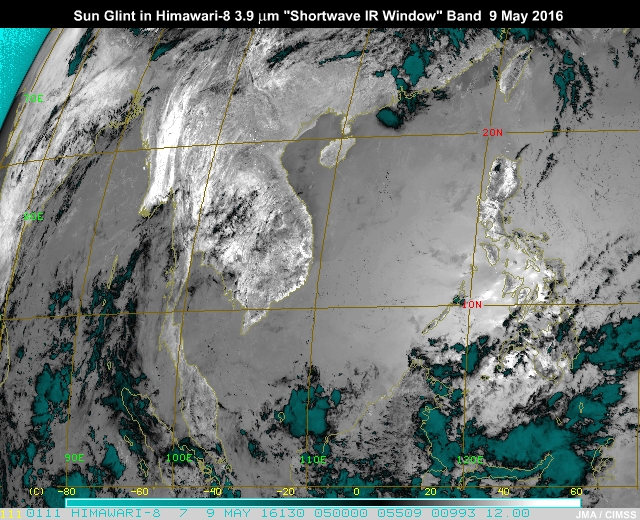 Sun glint pattern in AHI 3.9 micrometer band-6 near-infrared imagery traveling from east to west across South China Sea and Indian Ocean
