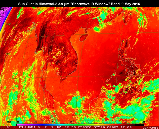 Sun glint pattern in AHI 3.9 micrometer band-6 near-infrared imagery traveling from east to west across South China Sea and Indian Ocean