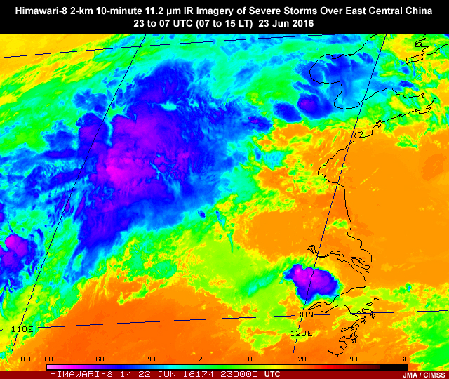 Himawari-8 AHI 11.2 micrometer longwave infrared window band animation showing deep convection leading up to a tornado event in eastern China on 23 June, 2016