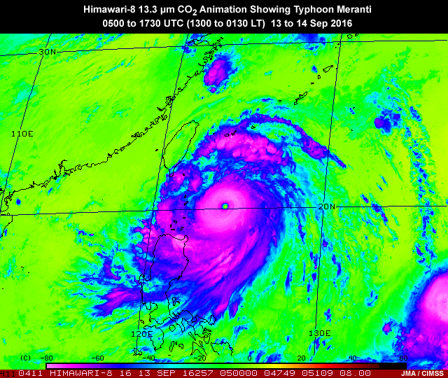 Himawari-8 AHI 13.3 micrometer carbon dioxide band animation showing typhoon Meranti over the western Pacific Ocean approaching China on September 16, 2016