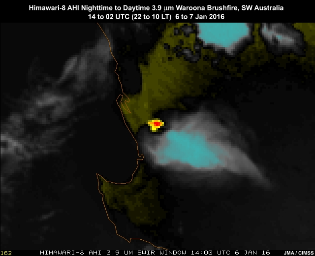 Himawari-8 AHI 3.9 micrometer shortwave IR imagery animation showing hot spots for a wildland fire burning in southwest Australia on January 6 to 7, 2016