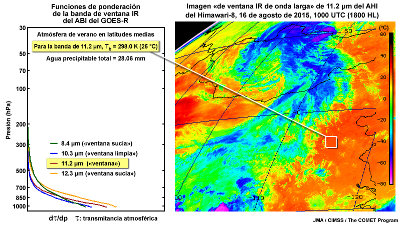 2 paneles: gráfica de la función de ponderación de la banda IR de onda larga de 11.2 micrómetros del ABI del GOES-R para condiciones típicas de verano en las latitudes medias (izda.) y una imagen del AHI correspondiente del 16 de agosto de 2015 (dcha.).