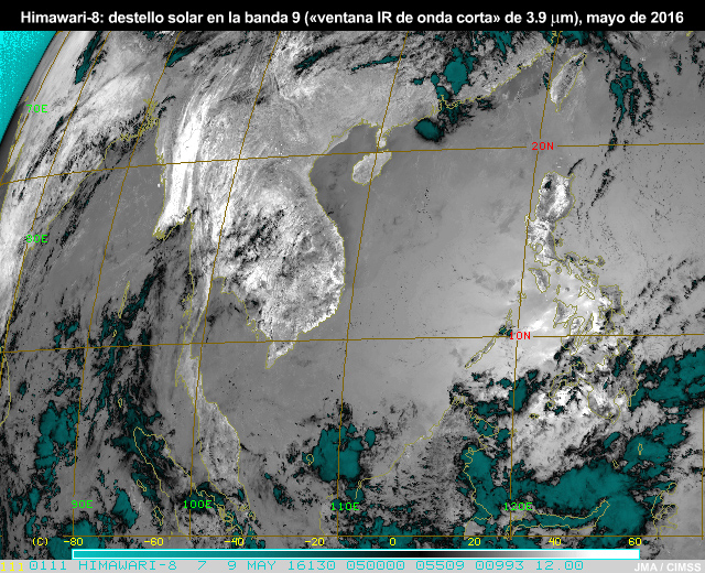 Patrón de destello solar en imágenes de IR cercano de la banda 6 de 3.9 micrómetros del AHI que avanza de este a oeste sobre el mar de China Meridional y el océano Índico.