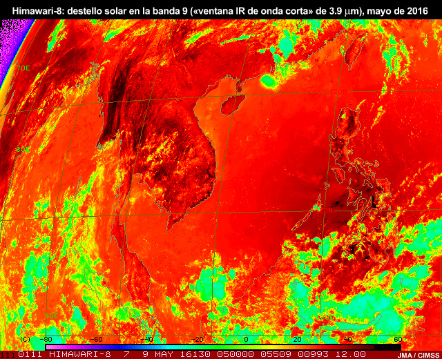 Patrón de destello solar en imágenes de IR cercano de la banda 6 de 3.9 micrómetros del AHI que avanza de este a oeste sobre el mar de China Meridional y el océano Índico.