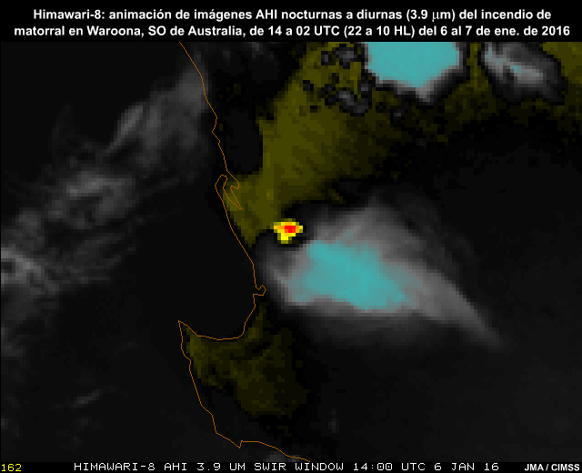 Animación de imágenes de 3.9 μm captadas el 6 y el 7 de enero de 2016 que muestran los puntos calientes correspondientes a un incendio forestal en el sudoeste de Australia.