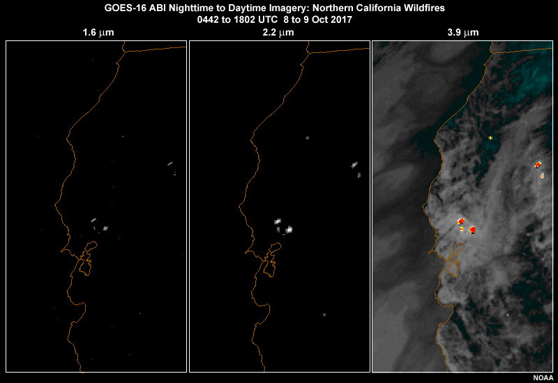 GOES-16 ABI 1.6, 2.2 and 3.9 micrometer 3-panel animation showing hot spots for several large northern California wildfires on October 8 to 9, 2017