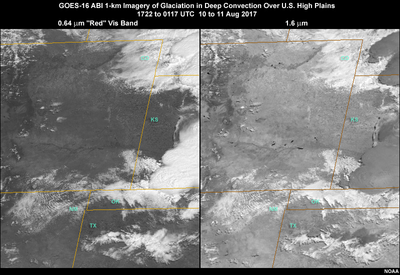 GOES-16 ABI red band visible and 1.6 micrometer snow/ice band two-panel animation showing glaciation in thunderstorm cloud tops over central and southern high plains region of U.S. on 10 August, 2017