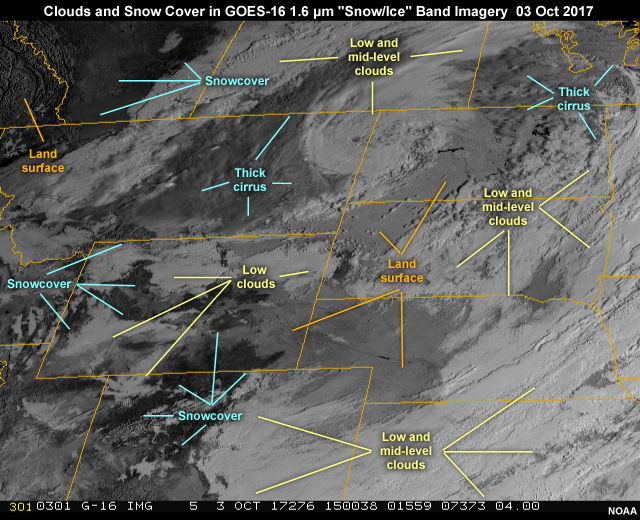 GOES-16 ABI 1.6 micrometer band-5 near-infrared 15-min animation over northern high plains region of U.S. showing a low pressure storm system, clouds, land, and snow cover on October 3, 2017