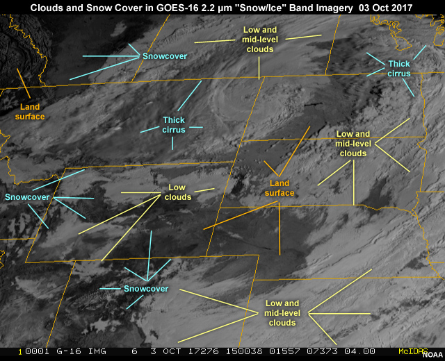 GOES-16 ABI 2.2 micrometer band-6 near-infrared 15-min animation over northern high plains region of U.S. showing a low pressure storm system, clouds, land, and snow cover on October 3, 2017