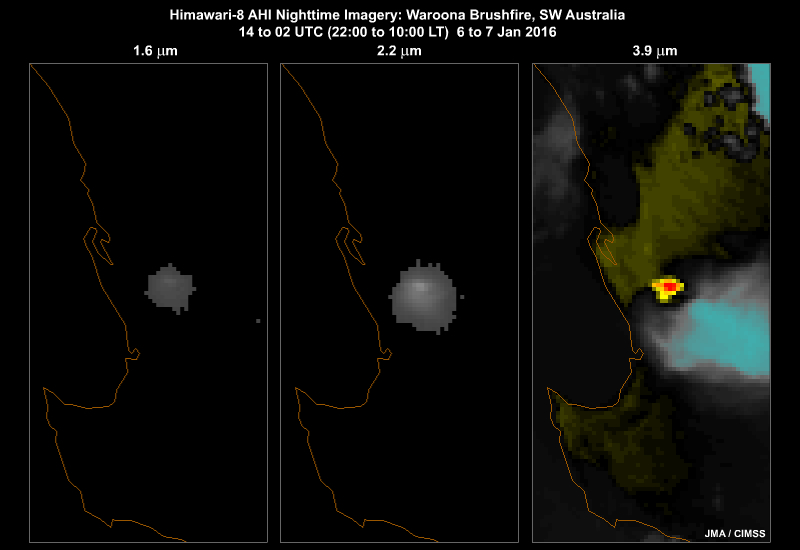 Himawari-8 AHI 1.6, 2.3 and 3.9 micrometer 3-panel animation showing hot spots for a wildland fire burning in southwest Australia on January 6 to 7, 2016