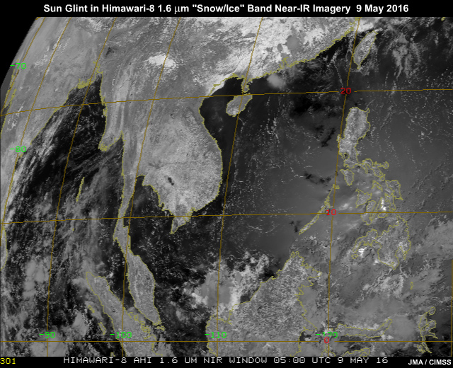 Sun glint pattern in AHI 1.6 micrometer band-6 near-infrared imagery traveling from east to west across South China Sea and Indian Ocean
