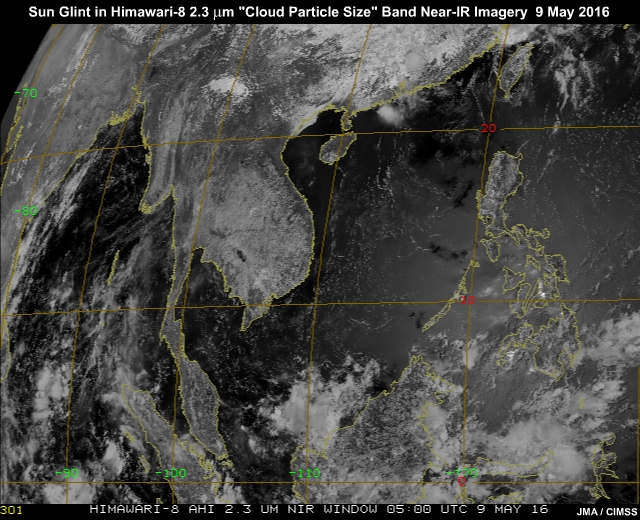 Sun glint pattern in AHI 2.3 micrometer band-6 near-infrared imagery traveling from east to west across South China Sea and Indian Ocean