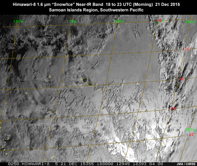 Sun glint pattern in AHI 1.6 micrometer band 5 near-infrared imagery traveling from east to west across the South Pacific, American Samoa region on December 21, 2015