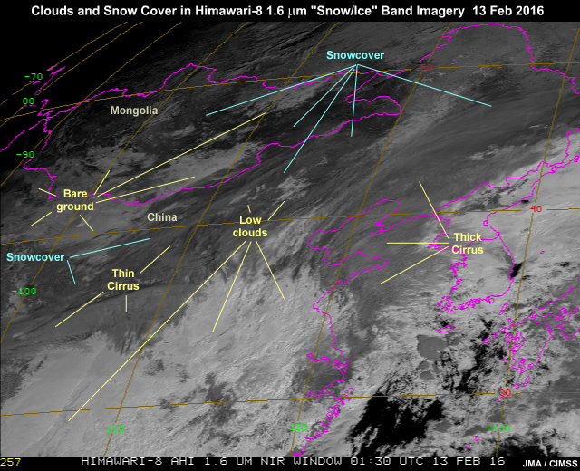Himawari-8 AHI 1.6 micrometer band-5 near-IR animation over East Asia region showing clouds, land, and snow cover on February 13, 2016