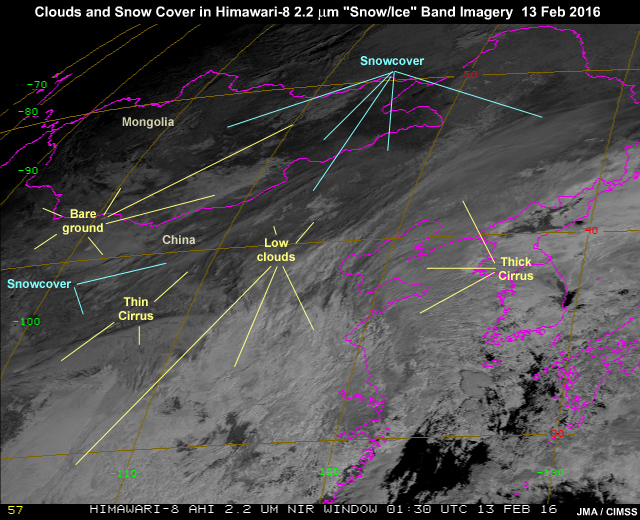 Himawari-8 AHI 2.3 micrometer band-6 near-IR animation over East Asia region showing clouds, land, and snow cover on February 13, 2016