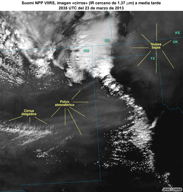 Imagen de una borrasca, el frente frío y el polvo aerotransportado sobre el sur de la región de las altas planicies de los EE.UU. captada con la banda cirrus de 1.37 micrómetros del VIIRS de Suomi NPP (20:35 UTC del 23 de marzo de 2013)