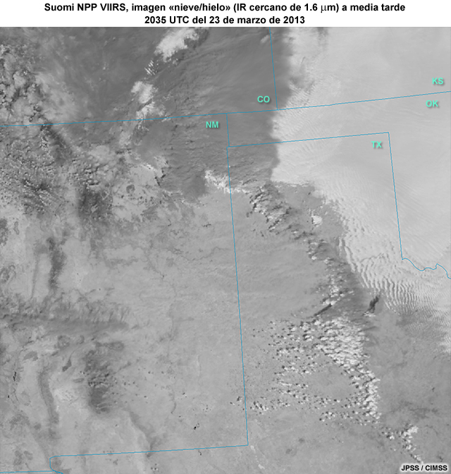 Imagen de una borrasca, el frente frío y el polvo aerotransportado sobre el sur de la región de las altas planicies de los EE.UU. captada con la banda nieve/hielo de 1.6 micrómetros del VIIRS de Suomi NPP (20:35 UTC del 23 de marzo de 2013)