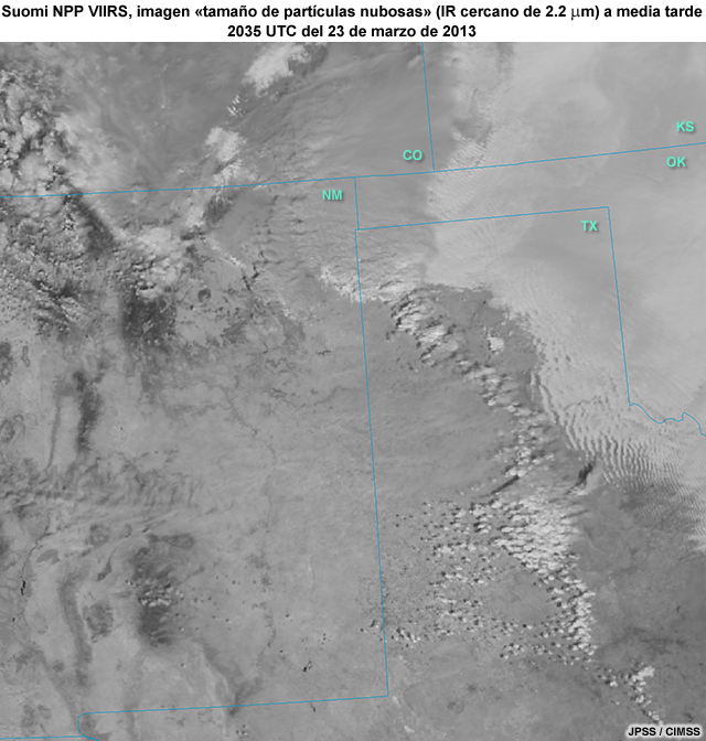 Imagen de una borrasca, el frente frío y el polvo aerotransportado sobre el sur de la región de las altas planicies de los EE.UU. captada con la banda tamaño de partículas nubosas de 2.2 micrómetros del VIIRS de Suomi NPP (20:35 UTC del 23 de marzo de 2013)