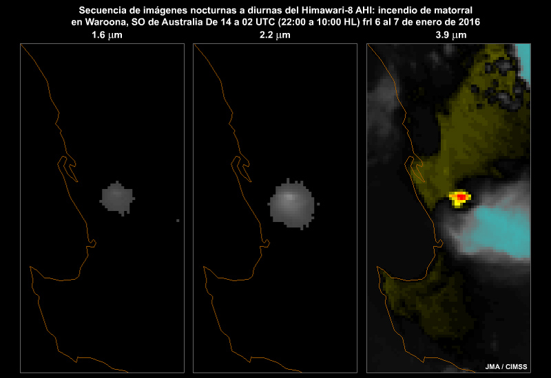 Tres animaciones de los puntos calientes de un incendio forestal que ocurrió en el sudoeste de Australia captadas con las bandas de 1.6, 2.3 y 3.9 micrómetros del AHI del Himawari-8 entre el 6 y el 7 de enero de 2016.