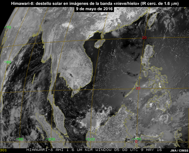 Patrón de destello solar que avanza de este a oeste a través del mar de China Meridional y el océano Índico captado con la banda 6 de 1.6 micrómetros en el infrarrojo cercano del AHI.