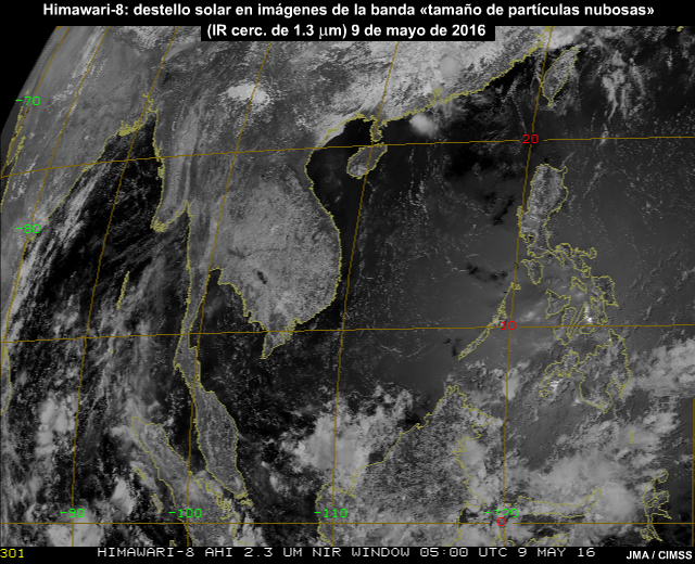 Patrón de destello solar que avanza de este a oeste a través del mar de China Meridional y el océano Índico captado con la banda 6 de 2.3 micrómetros en el infrarrojo cercano del AHI.