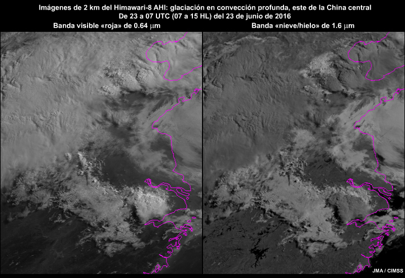 Dos animaciones del AHI del Himawari-8 (banda visible roja y banda nieve/hielo de 1.6 micrómetros) que muestra la glaciación en los topes de las nubes de tormenta durante un evento de tornados en China oriental (23 de junio de 2016.