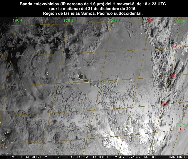 Patrón de destello solar que avanza de este a oeste a través de la región de Samoa Americana del océano Pacífico Sur captado con la banda 5 de 1.6 micrómetros (IR cercano) del AHI el 21 de diciembre de 2015.