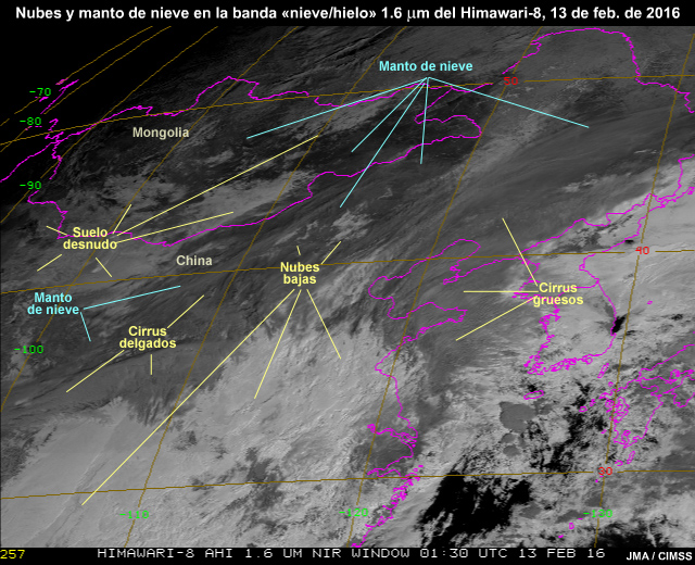 Animación de nubes, suelo y nieve en la región de Asia oriental captada con la banda 5 de 1.61 micrómetros (IR cercano) del AHI del Himawari-8, 13 de febrero de 2016.