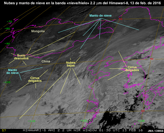 Animación de nubes, suelo y nieve en la región de Asia oriental captada con la banda 6 de 2.3 micrómetros (IR cercano) del AHI del Himawari-8, 13 de febrero de 2016.