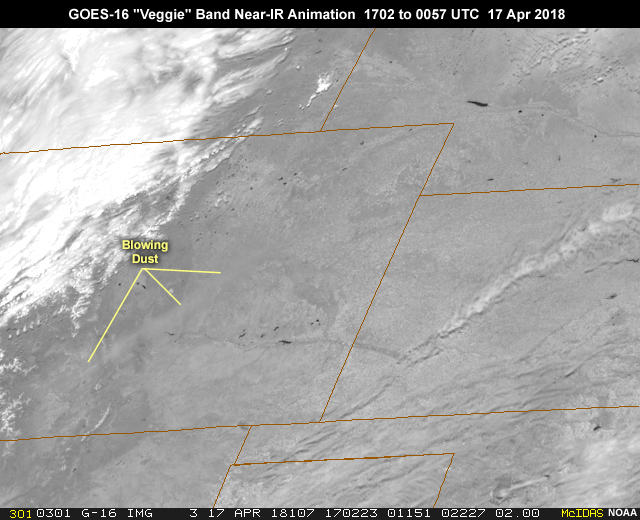 GOES-16 ABI 0.86 micrometer "veggie" band 3 near-infrared imagery showing blowing dust and smoke in strong southwesterly flow associated with a strong midlatitude cyclone developing in northeastern Colorado during the daylight hours from 1702 to 0057 UTC  on April 17, 2018