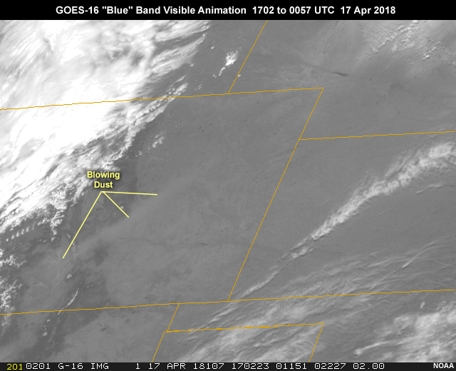 GOES-16 ABI 0.47 micrometer "blue" band 1 visible imagery showing blowing dust and smoke in strong southwesterly flow associated with a strong midlatitude cyclone developing in northeastern Colorado during the daylight hours from 1702 to 0057 UTC  on April 17, 2018