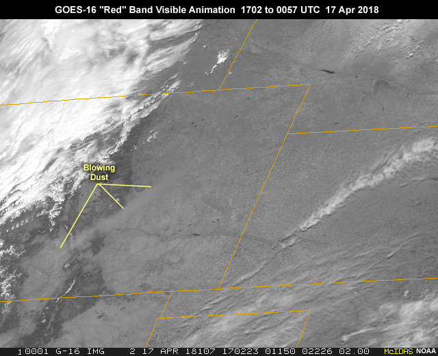 GOES-16 ABI 0.64 micrometer "red" band 2 visible imagery showing blowing dust and smoke in strong southwesterly flow associated with a strong midlatitude cyclone developing in northeastern Colorado during the daylight hours from 1702 to 0057 UTC  on April 17, 2018