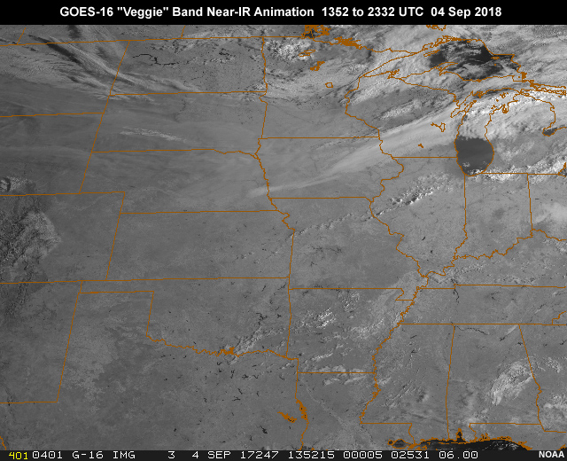 GOES-16 ABI 0.86 micrometer "veggie" band 3 near-infrared animation showing haze and smoke from western fires, over the central U.S. during daylight hours from 13:52 to 23:32 UTC on Sep 4, 2018