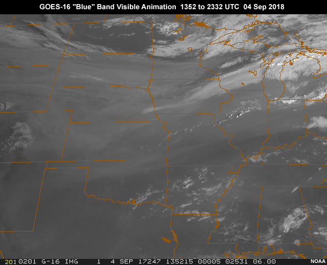 GOES-16 ABI 0.47 micrometer "blue" band 1 visible animation showing haze and smoke from western fires, over the central U.S. during daylight hours from 13:52 to 23:32 UTC on Sep 4, 2018