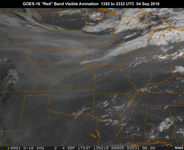 GOES-16 ABI 0.64 micrometer "red" band 2 visible animation showing haze and smoke from western fires, over the central U.S. during daylight hours from 13:52 to 23:32 UTC on Sep 4, 2018