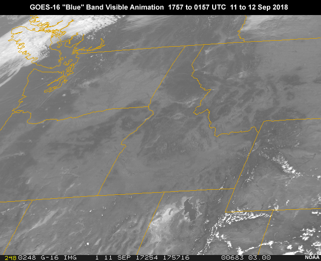 GOES-16 ABI 0.47 micrometer "blue" band 1 visible image animation showing smoke from wildfires over Pacific Northwest during daylight hours from 17:57 to 01:57 UTC on Sep 11, 2018