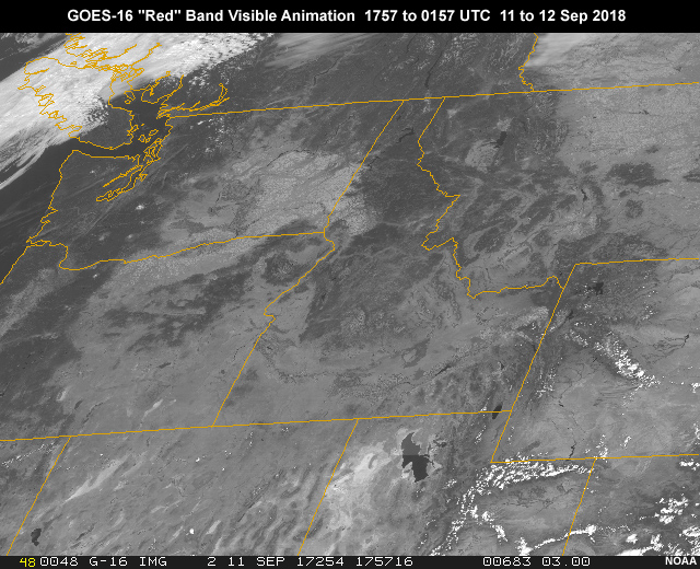 GOES-16 ABI 0.64 micrometer "red" band 2 visible image animation showing smoke from wildfires over Pacific Northwest during daylight hours from 17:57 to 01:57 UTC on Sep 11, 2018