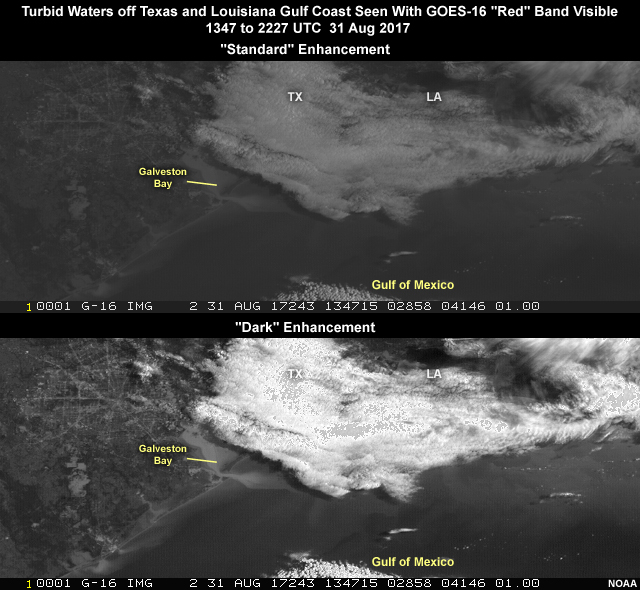 Turbid water due to river runoff after heavy hurricane Harvey rainfall seen with GOES-16 ABI 0.64 micrometer "red" band imagery over the west Gulf Coast on Aug 31, 2017