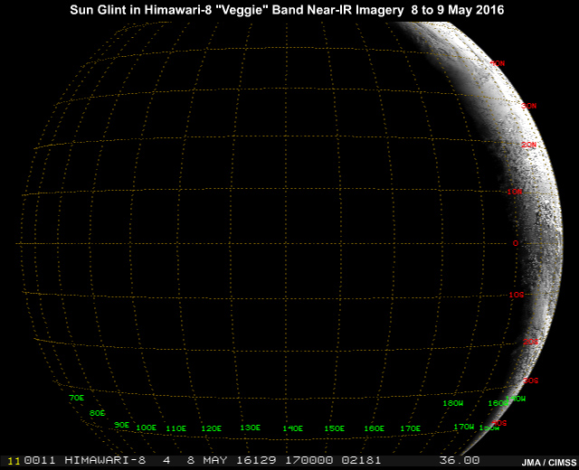 Sun glint pattern in AHI 0.86 micrometer band-4 near-infrared imagery traveling from east to west across northern hemisphere subtropics as the Earth rotates through one full solar day
